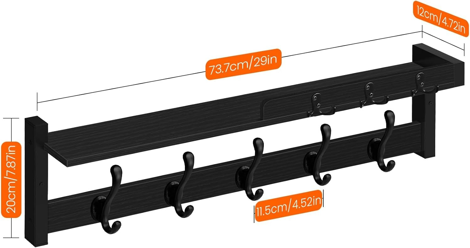 Black Wall Coat Rack 29" Wood Shelf with Hooks & Key Holder Entryway Organizer