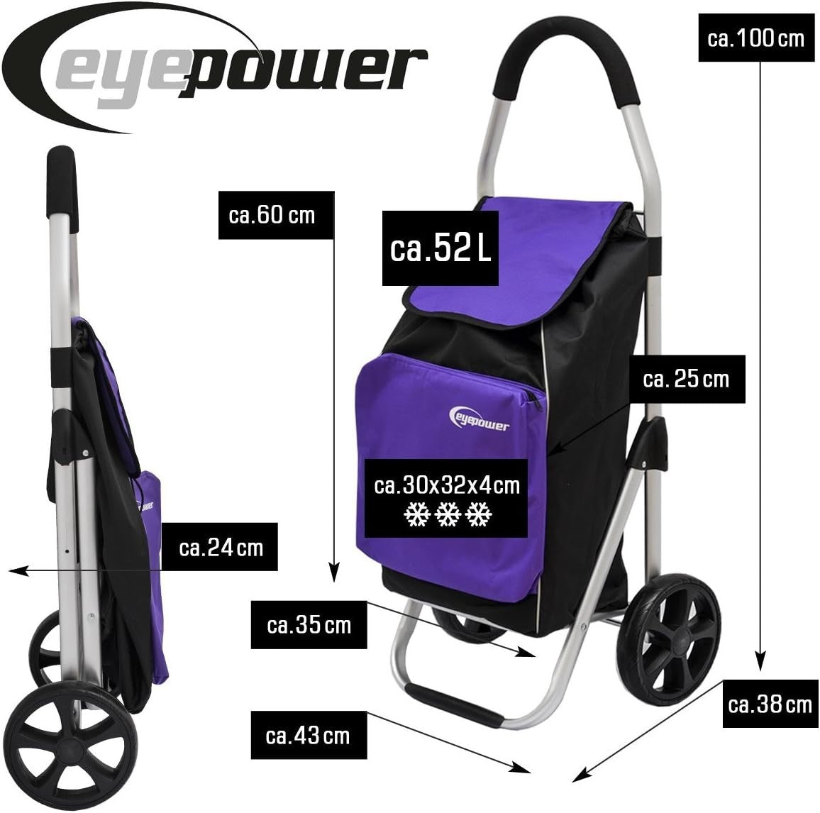 Foldable Shopping Trolley 52L with Cooler Bag – Lilac, Heavy Duty Cart