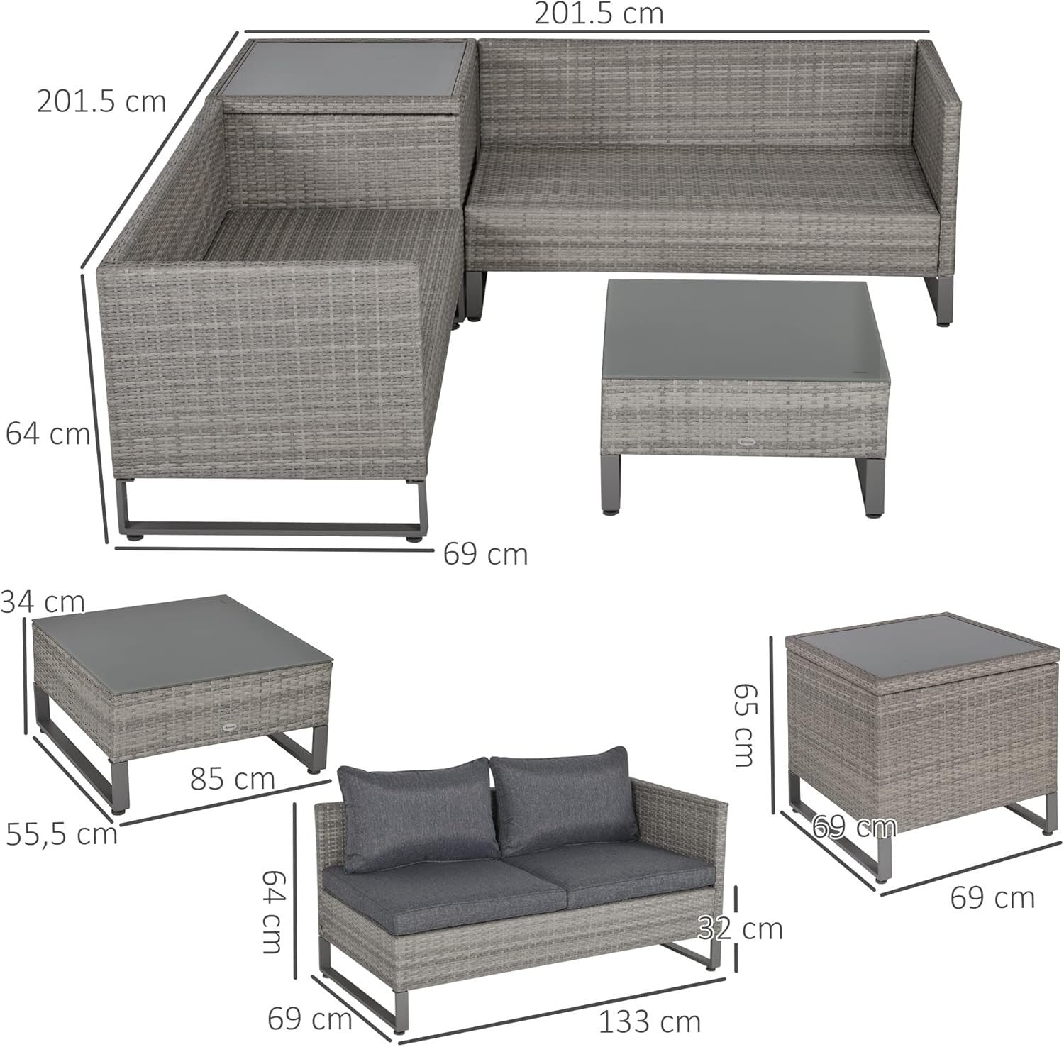 4-Piece Outdoor Rattan Sofa Set with Storage Table & Cushions Grey