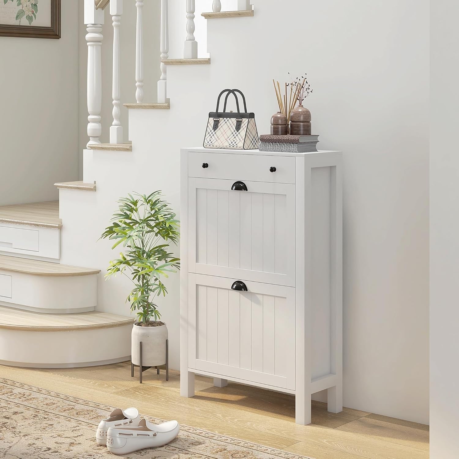 Slim White Shoe Cabinet with 2 Flip Drawers & Top Storage Drawer 60x24x97cm