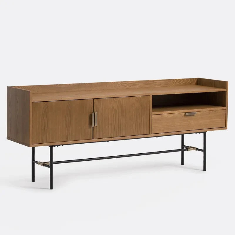 Vintage Walnut Sideboard with Drawer & Doors – Black Steel Legs 180cm