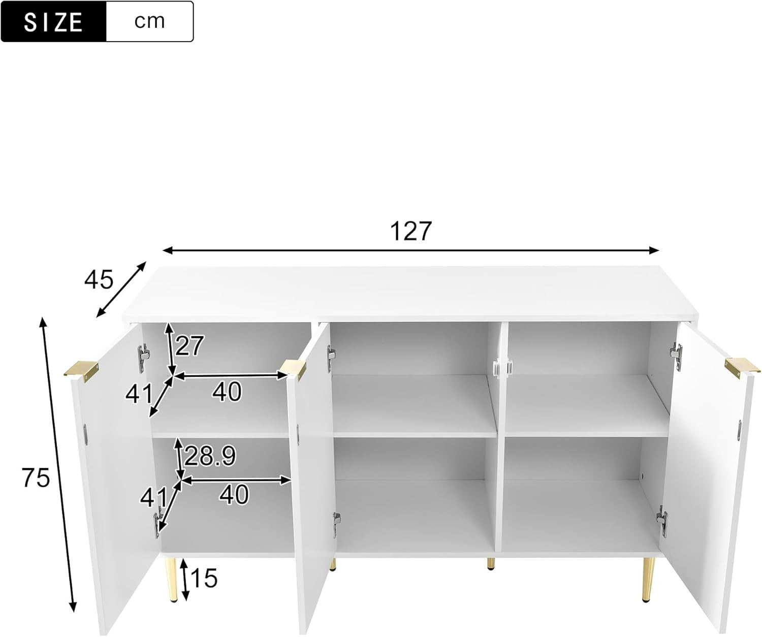 White Sideboard Cabinet 3 Doors Gold Legs Modern Storage Unit 127cm
