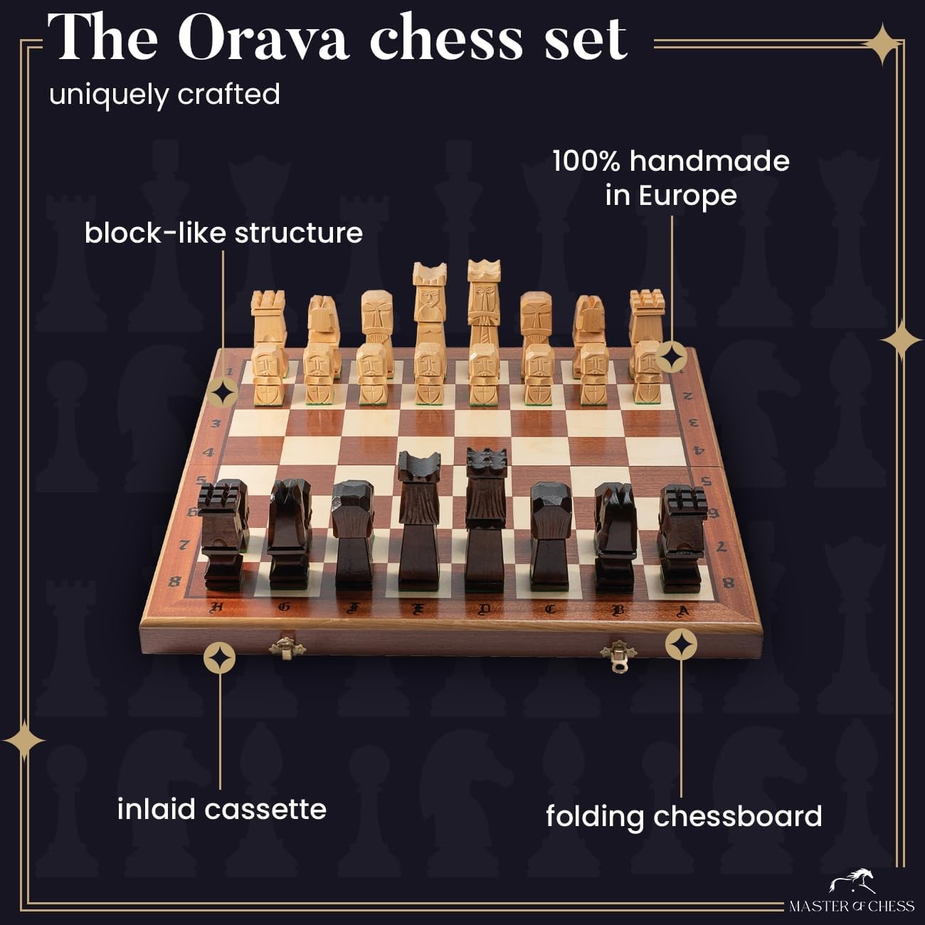 50cm Deluxe Hand-Carved Wooden Chess Set | Inlaid Folding Board & Sculpted Piece