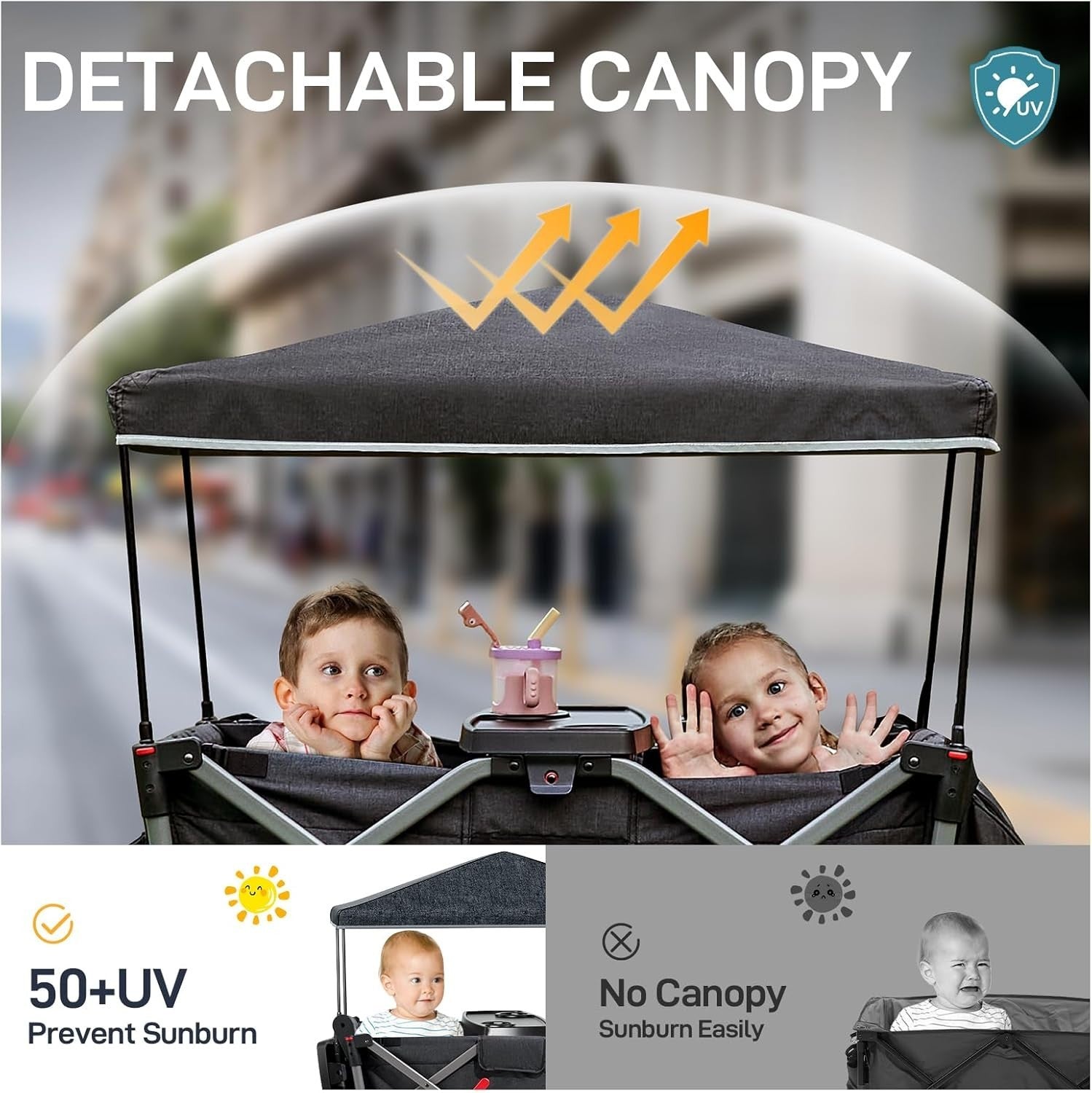 Black Stroller Wagon for 2 Kids w/ Canopy & Seats – Push Pull Cart Harnesses