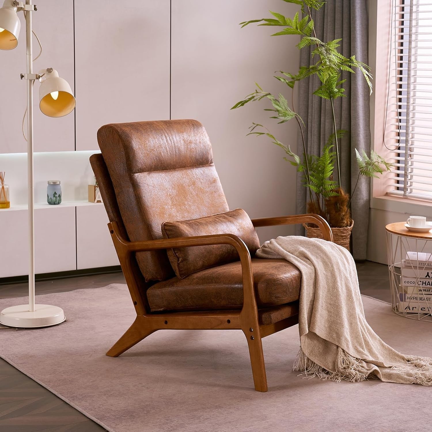 Mid Century High Back Accent Chair Brown Upholstered Armchair