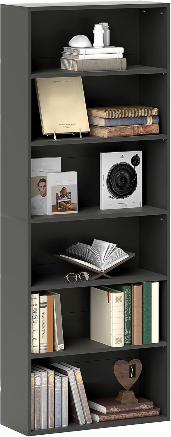 Black 6-Tier Tall Bookcase Adjustable Shelves Modern Narrow Storage Unit