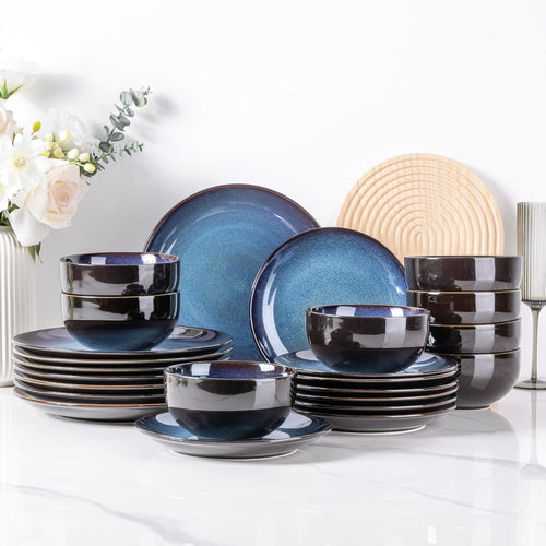 18 Piece Stoneware Dinner Set for 6 Blue Reactive Glaze Plates Bowls