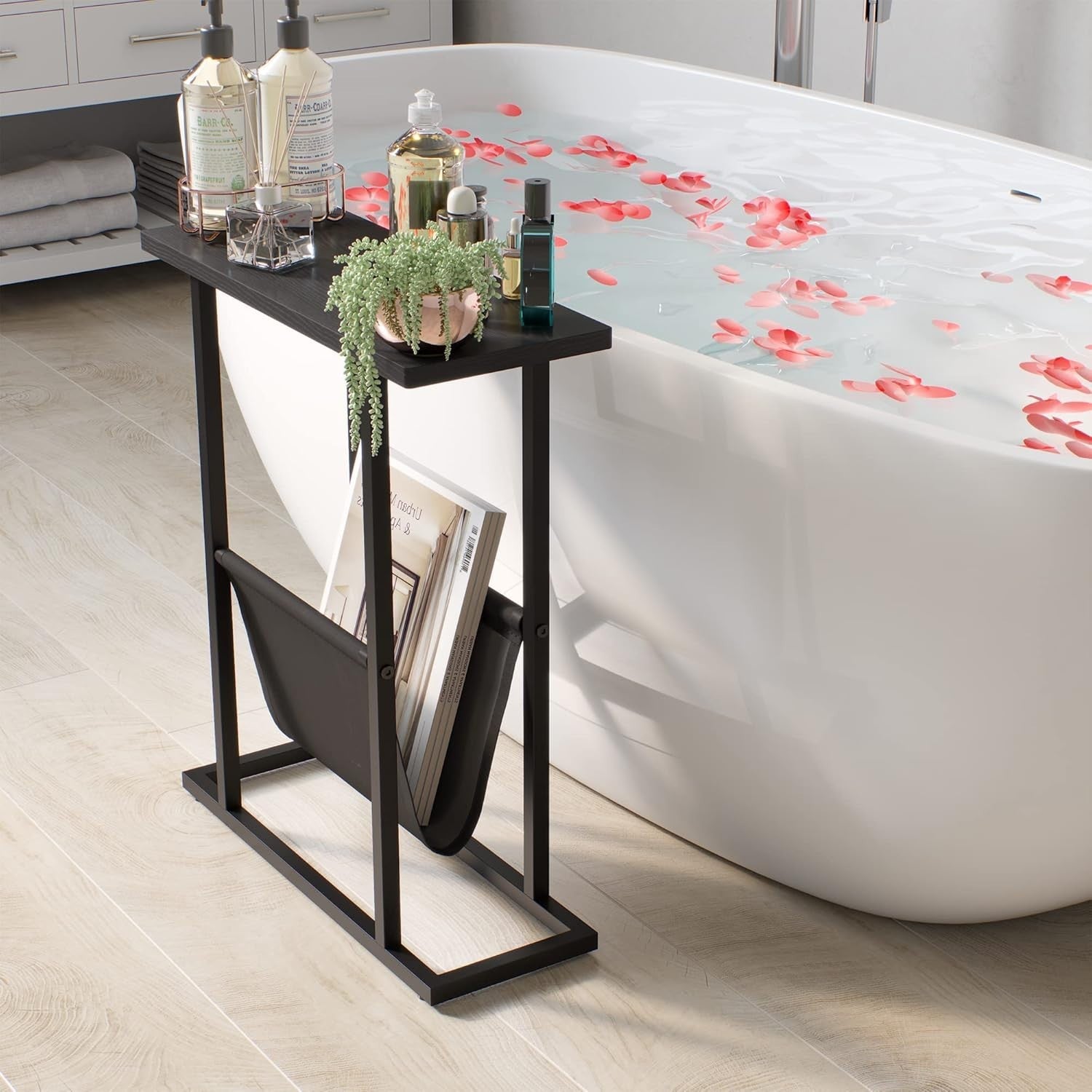 Narrow Black Side Table with Storage Bag Slim Sofa Bedside Small Space 18x45x54