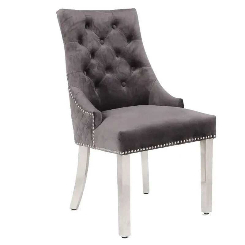 Pair Grey Velvet Dining Chairs | Lion Knocker Chrome Legs Tufted Back