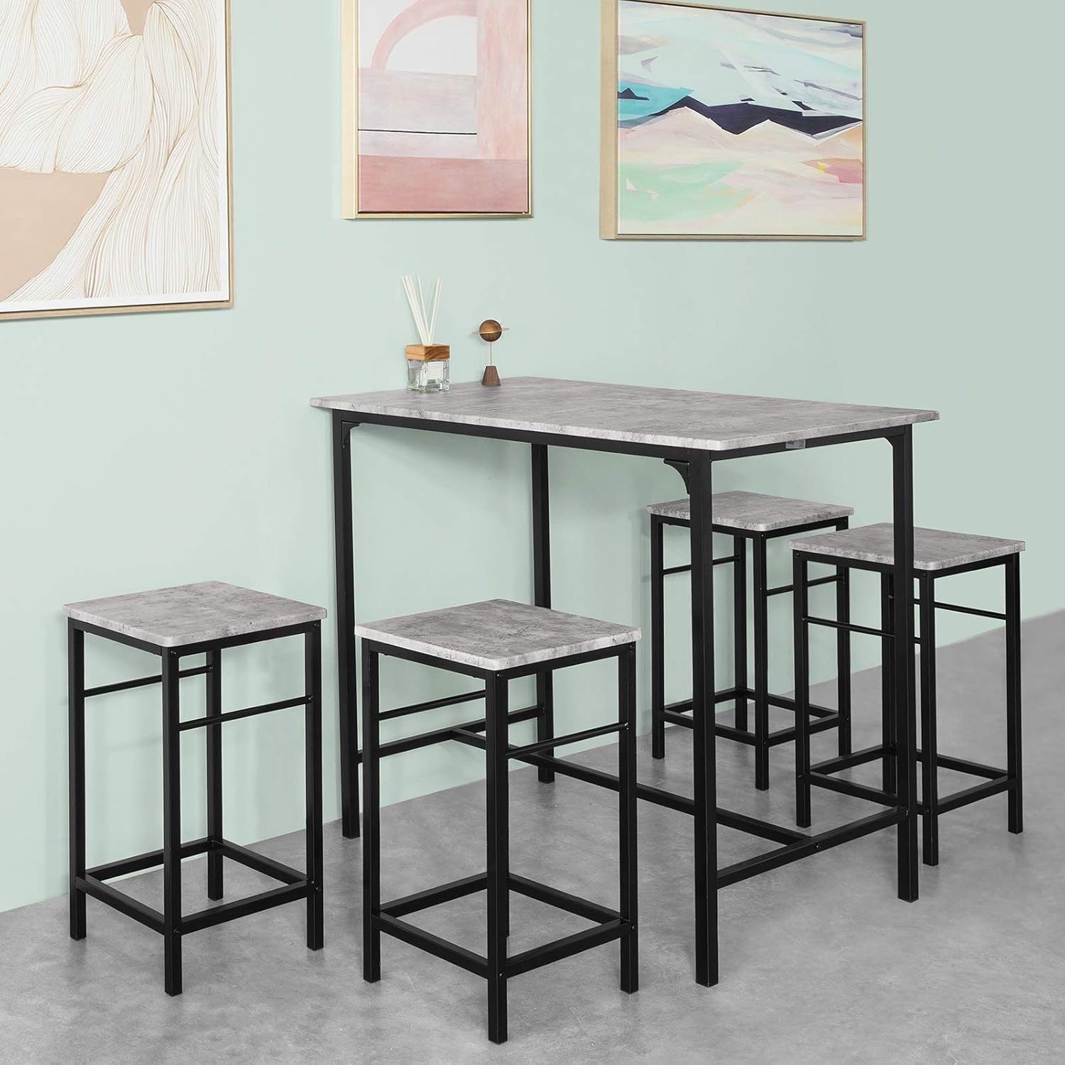 5-Piece Breakfast Bar Table Set with 4 Stools, Space Saving Dining – Black Grey