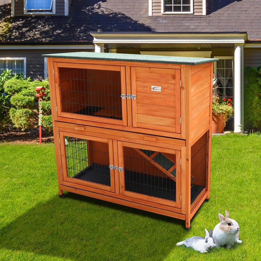 2 Tier Rabbit Hutch with Run Outdoor Wooden Cage Guinea Pig House
