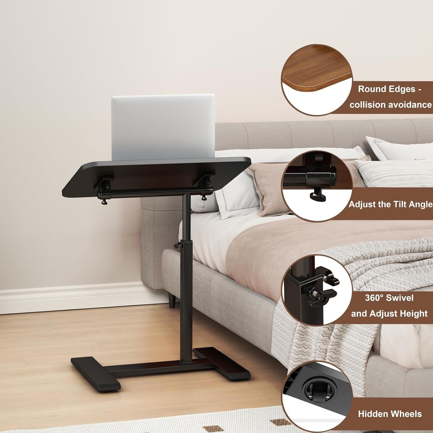 Adjustable C Shaped Side Table Laptop Desk Swivel Overbed Wheels