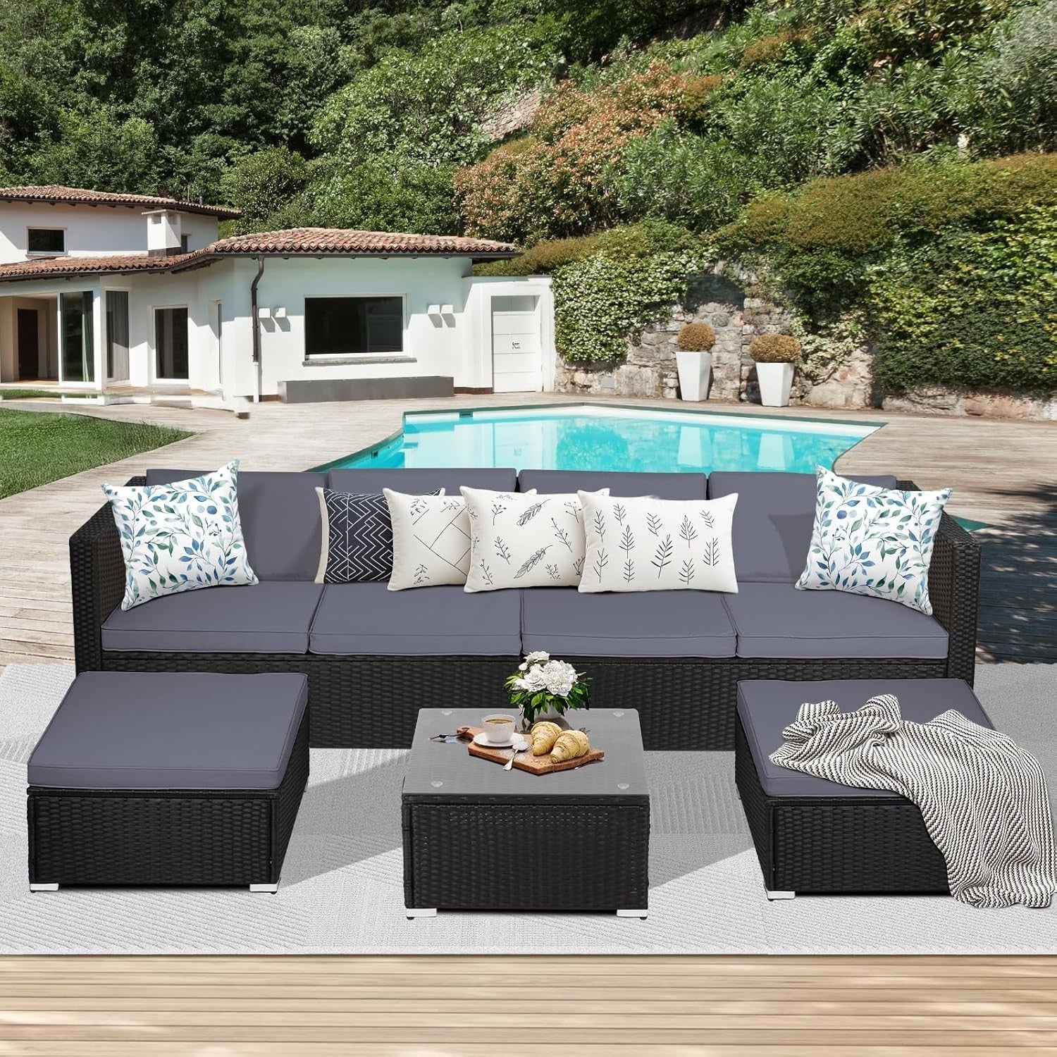 6 Seater Rattan Garden Sofa Set with Table & Stools – Weatherproof Patio