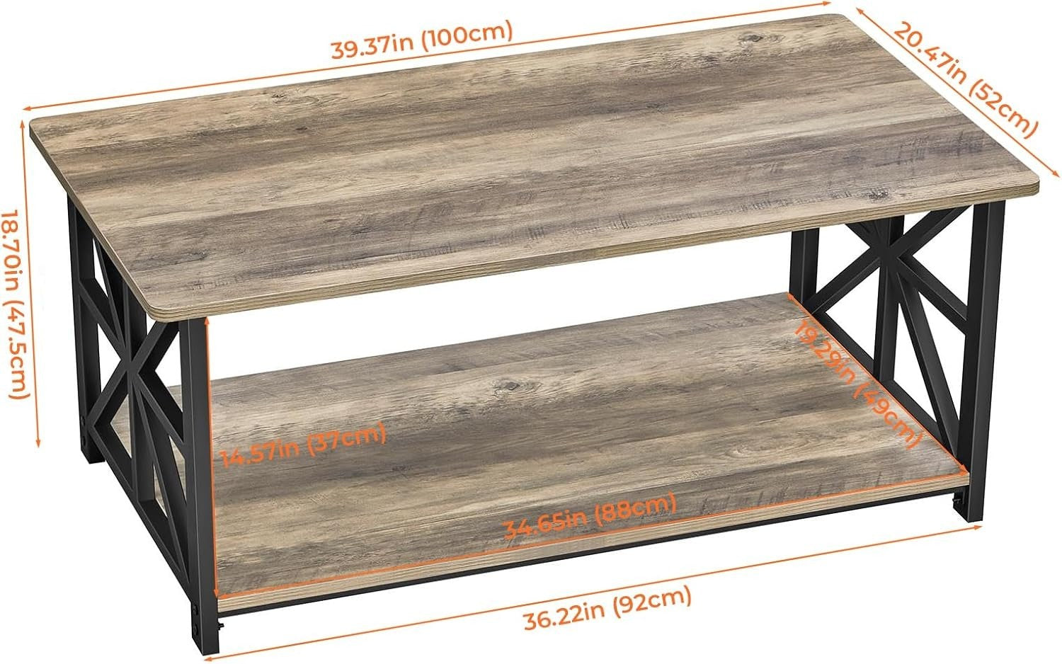 2-Tier Grey Coffee Table with X-Frame, Rounded Corners, 100cm Storage