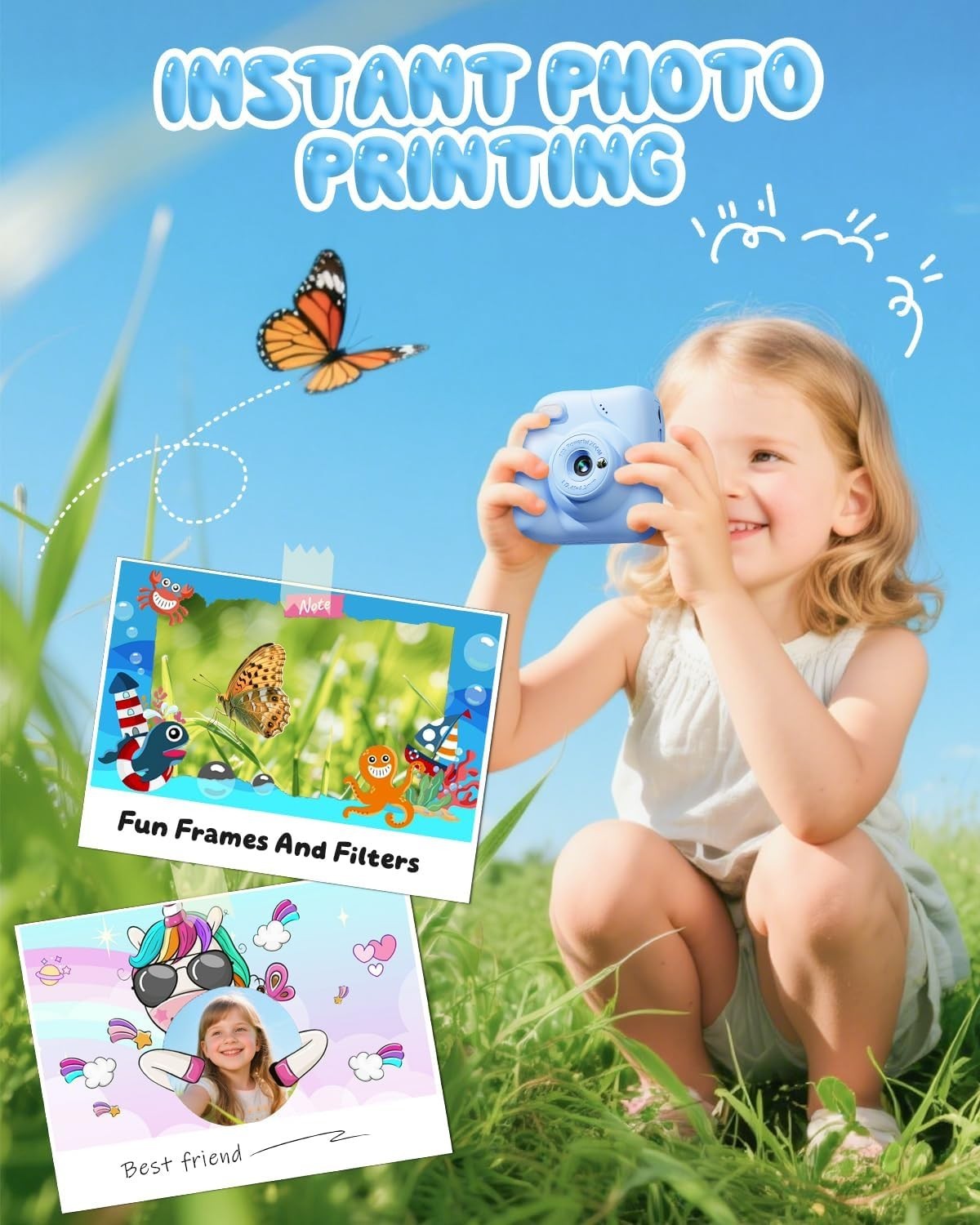 Kids Instant Print Camera 48MP 1080P Video 32GB Card Blue Toy Gift