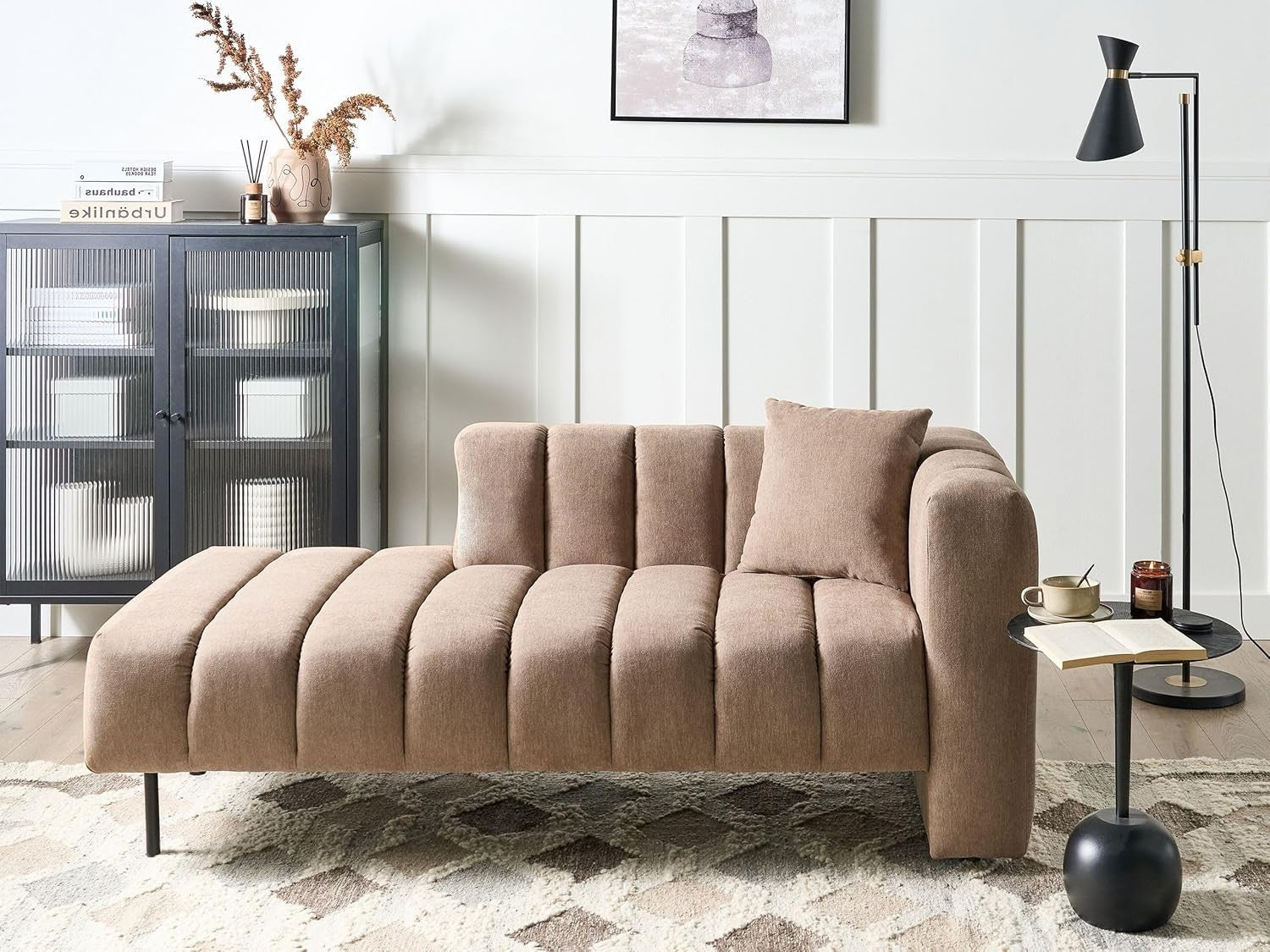 Modern Right Hand Chaise Lounge | Fabric Upholstery + Cushion + Brown