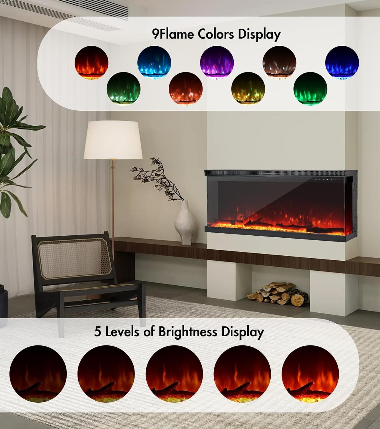 40" 3-Sided Electric Fireplace Wall Mount Freestanding 9-Color Flame Heater
