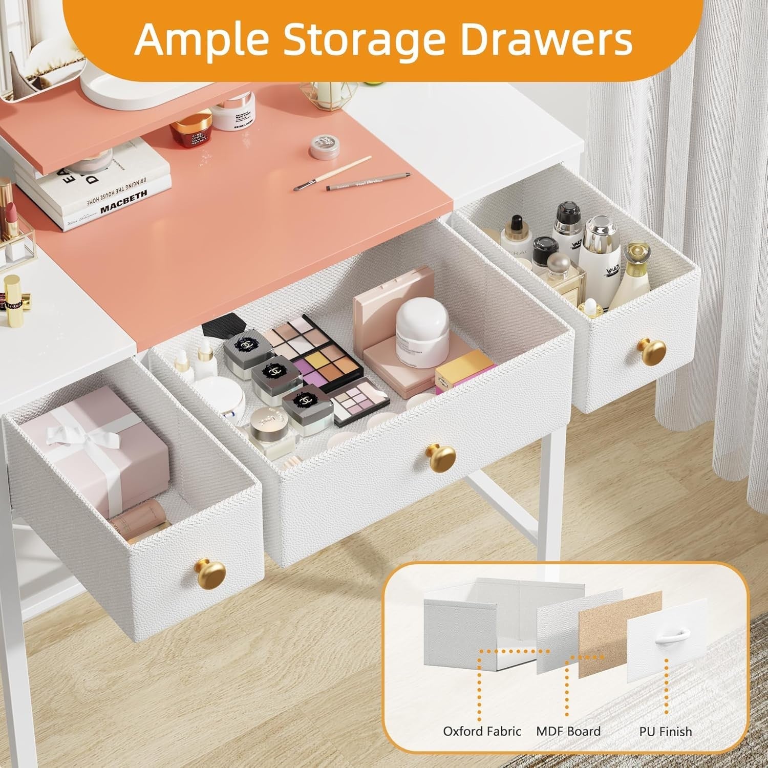 Vanity Dressing Table Desk 3-Fold Mirror LED Light 3 Drawers Pink White Wood