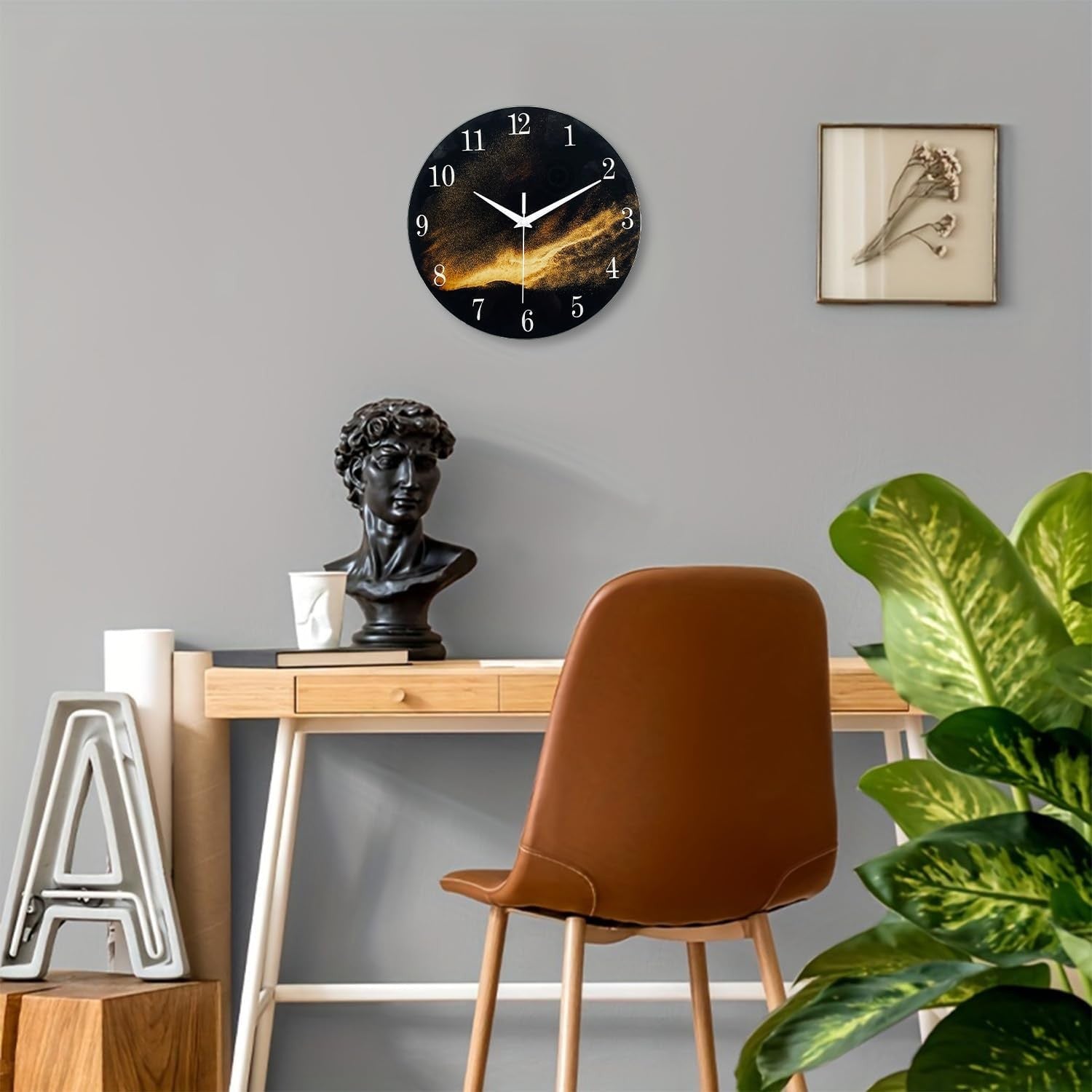 Black Gold 14" Glass Wall Clock Modern Silent Non-Ticking Home Decor