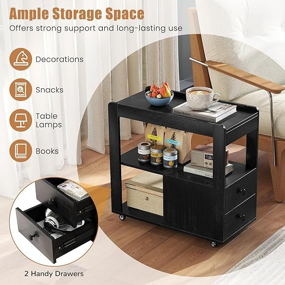 Narrow Bedside Table with Drawers & Shelves, Rolling 3-Tier Side Table Black