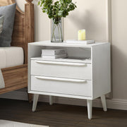 White Wooden Bedside Table with 2 Drawers & Open Shelf – Mid-Century Modern