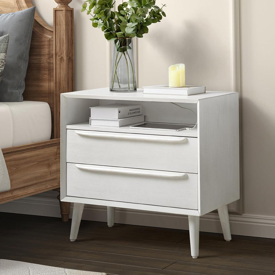 White Wooden Bedside Table with 2 Drawers & Open Shelf – Mid-Century Modern