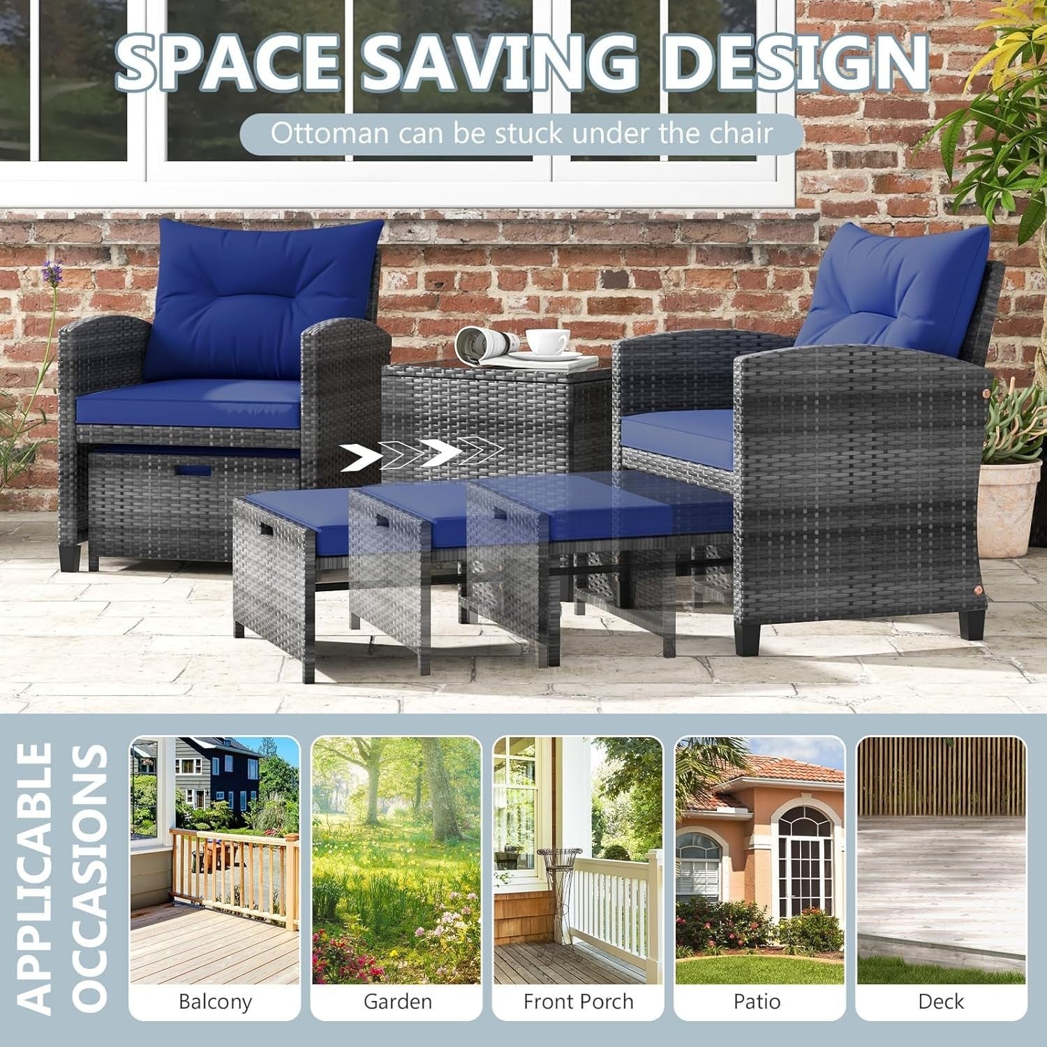 5 Piece Rattan Garden Furniture Set Navy Cushions Patio Sofa Chairs