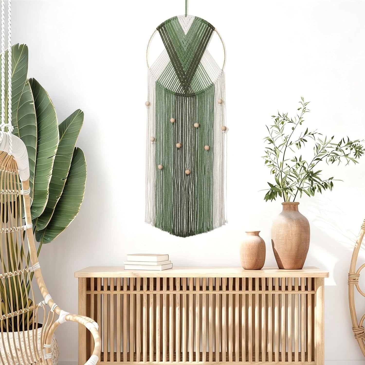 Beige Green Macrame Wall Hanging 25x71cm Boho Tassel Tapestry Decor
