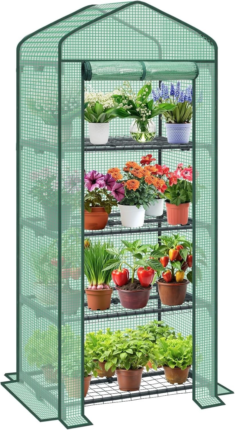 4 Tier Mini Greenhouse Outdoor Garden Plants Vegetables Steel Frame PE Cover