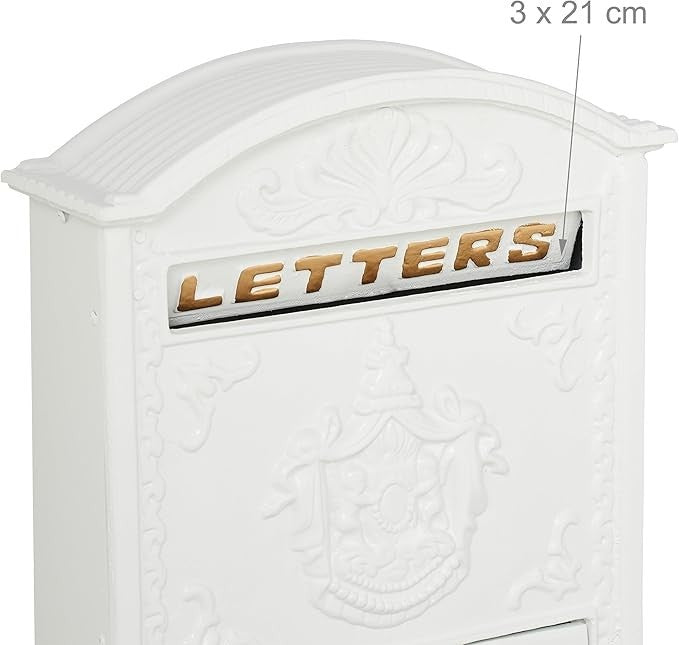Vintage Wall Mounted Letterbox White Gold Lockable A4 Mail Slot Ornate Design