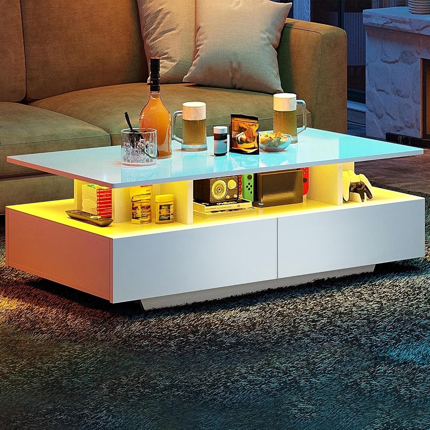 LED Coffee Table with Storage Drawers White Gloss 16-Color Light Modern
