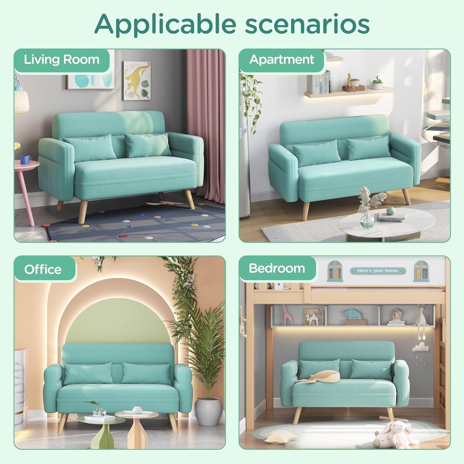 Aquamarine 2 Seater Sofa Small Couch Compact Mid Century Settee for Flats