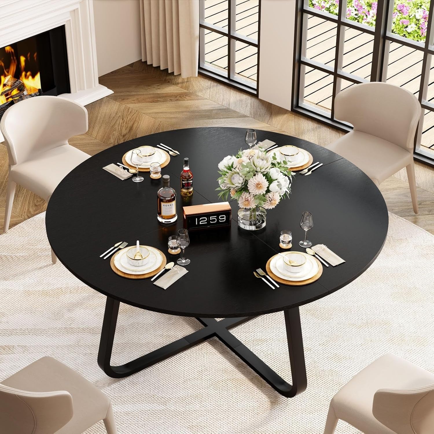 Round Black Dining Table 4-6 Seater Wood Metal Kitchen Home 130cm