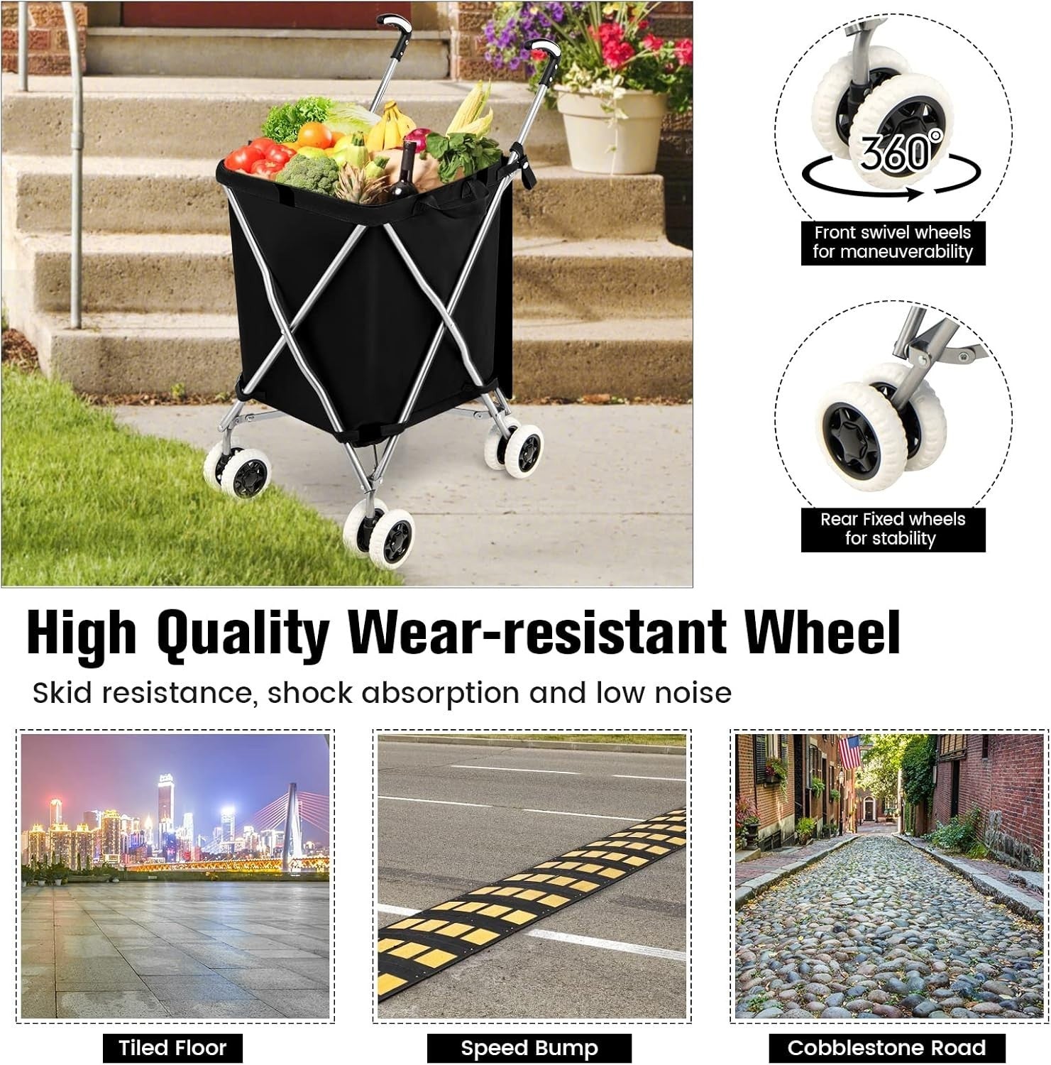 90L Folding 8-Wheel Utility Shopping Cart Trolley Lightweight Black