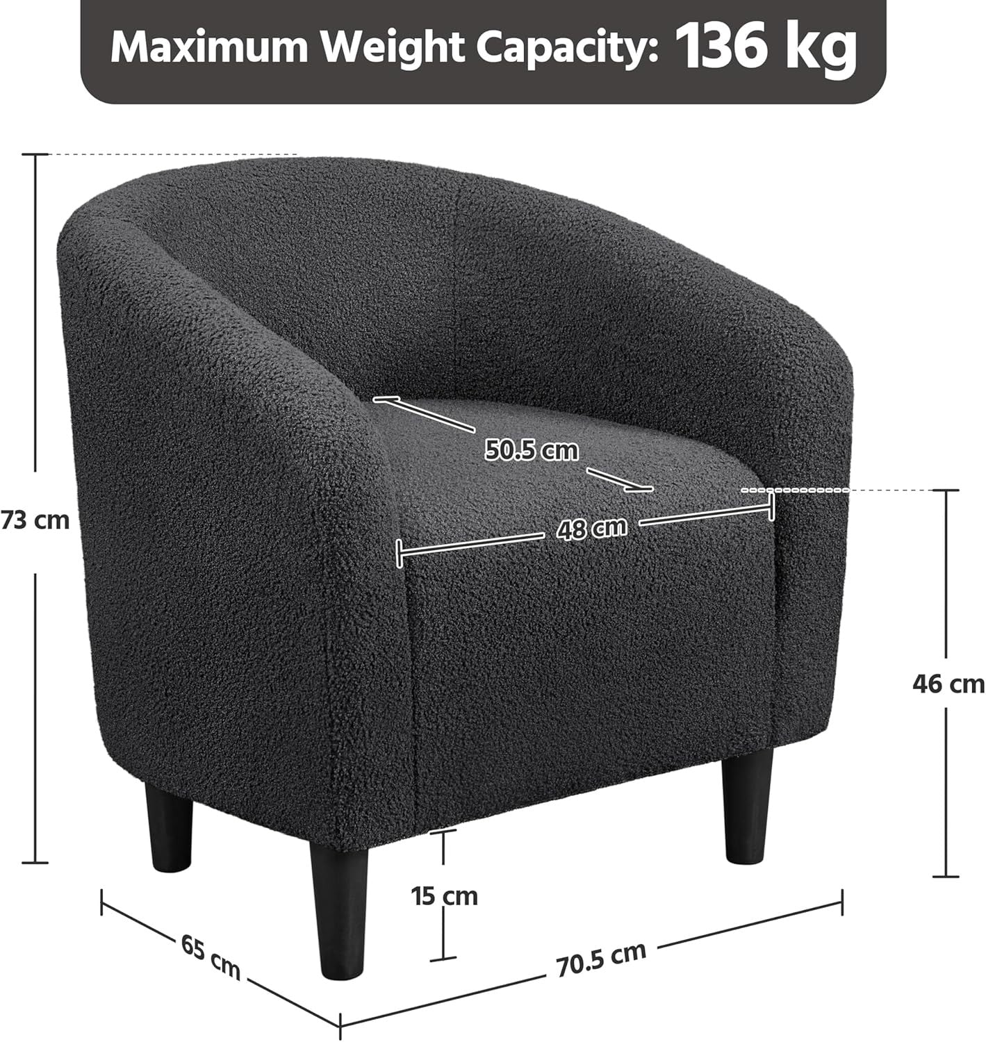 Boucle Tub Chair Dark Grey Accent Barrel Armchair Living Room