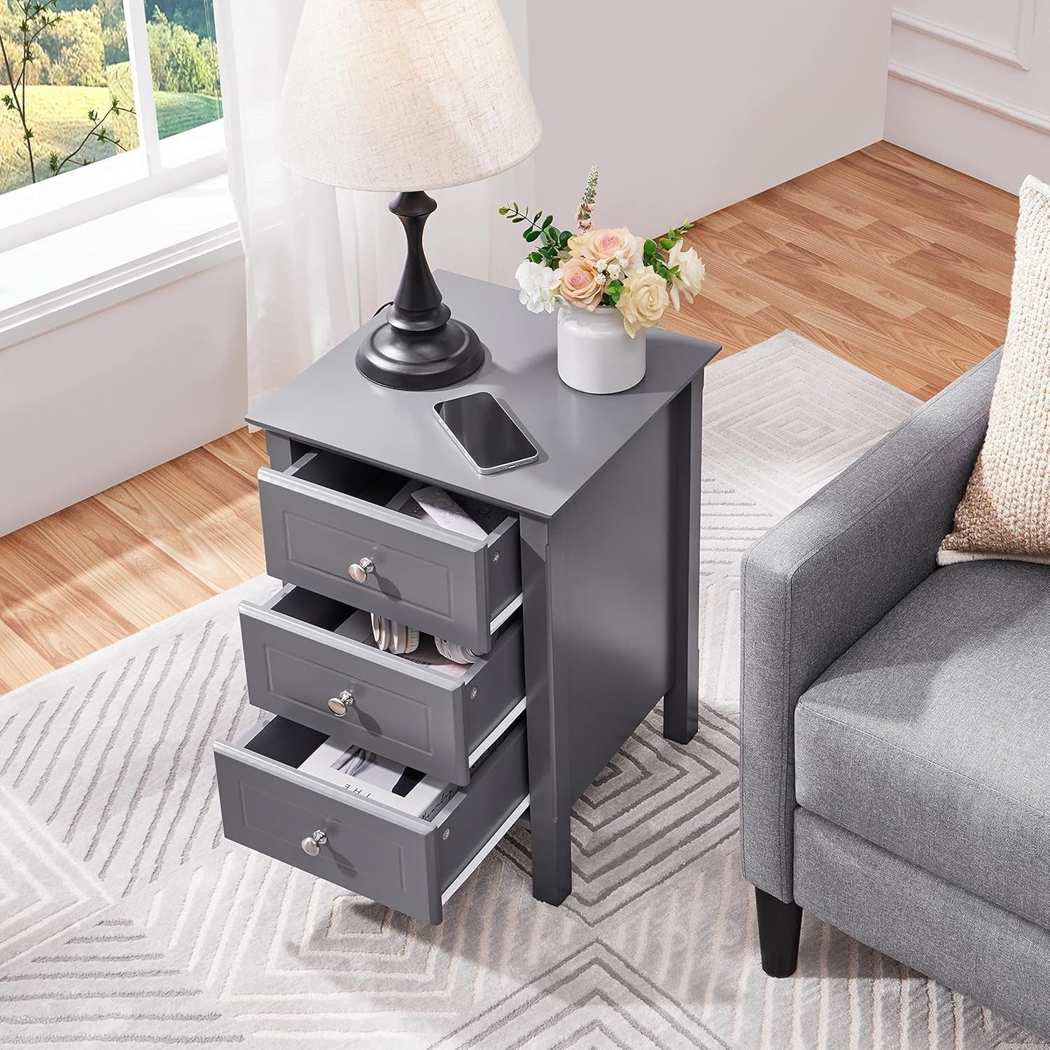 Dark Grey Bedside Tables Set of 2 – Wooden 3 Drawer Nightstand