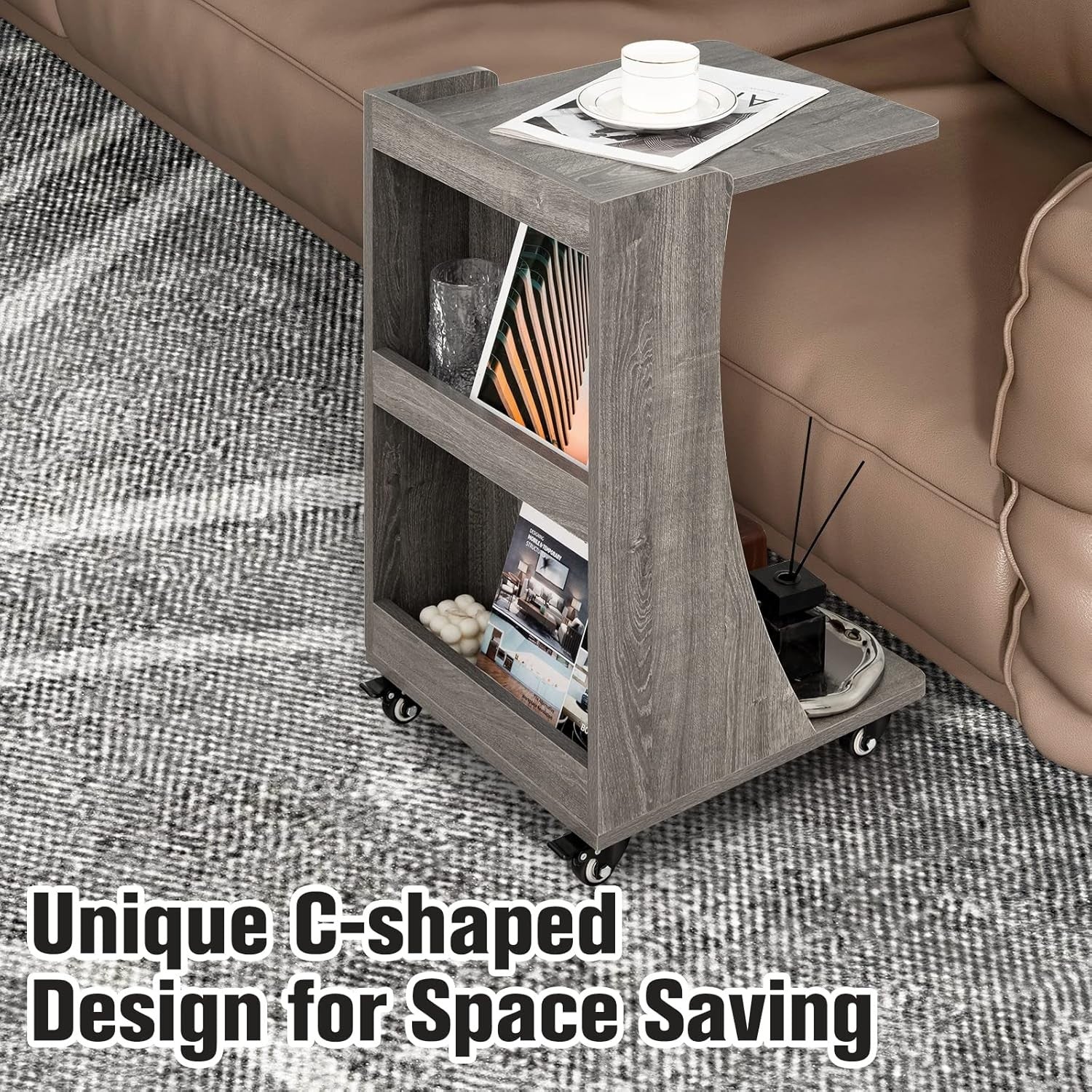 Modern C-Shaped Mobile Side Table with Wheels, Storage Shelves & Compact Design