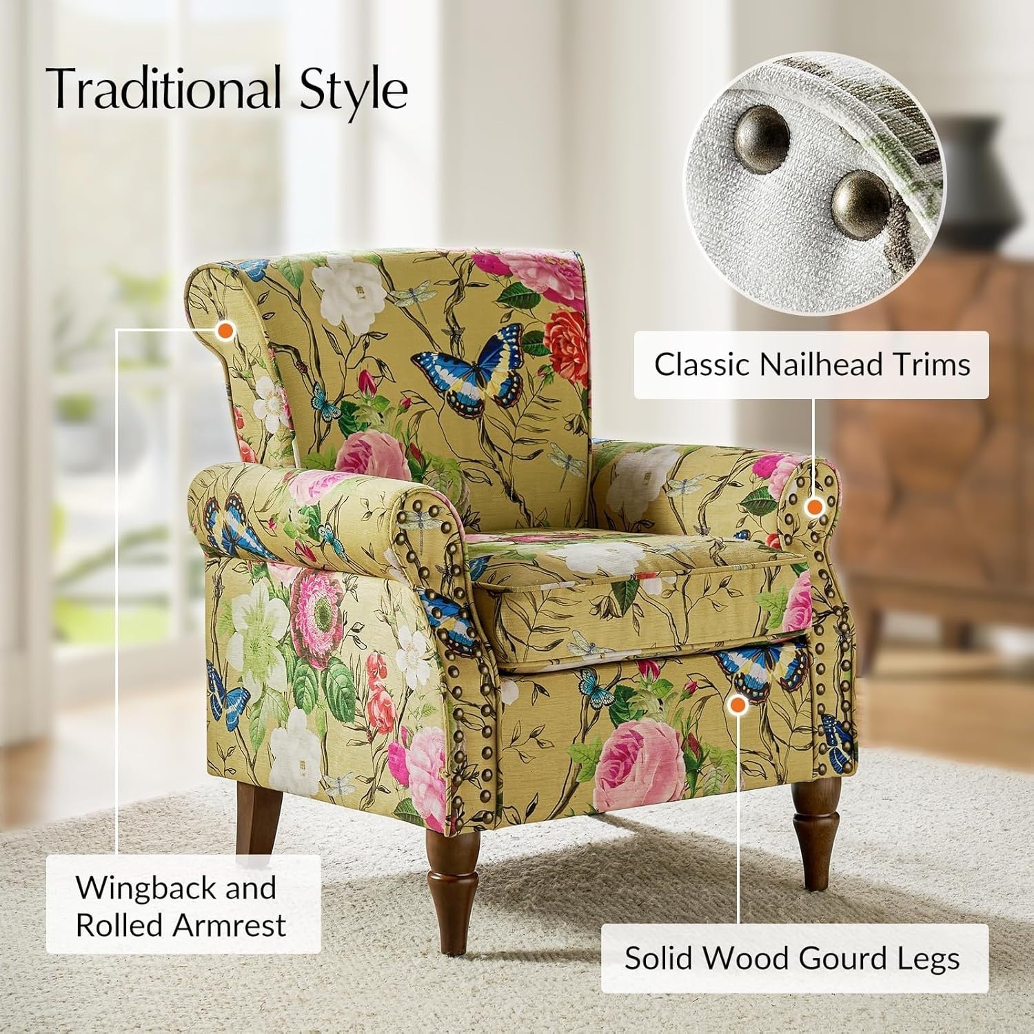 Set of 2 Floral Wingback Accent Armchairs Yellow Lounge Bedroom Seating