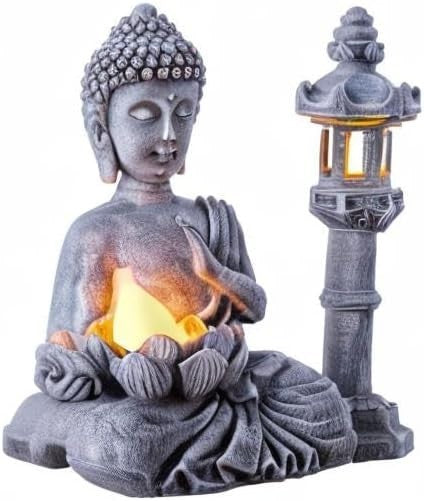 Meditating Buddha Statue with Solar Light Pagoda Set Outdoor Garden Decor Resin
