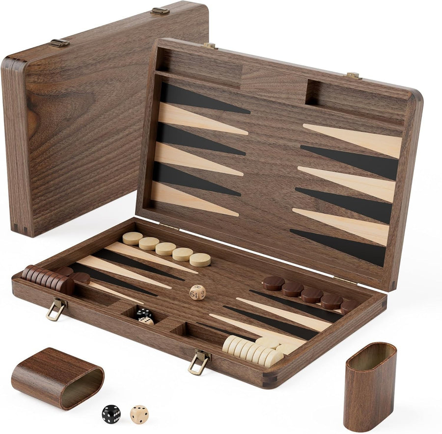 Black Walnut Backgammon Set Luxury Folding Travel Board Game with Dice