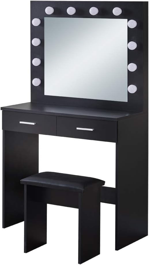 Black Dressing Table Vanity LED Hollywood Mirror Stool Storage Drawers Desk