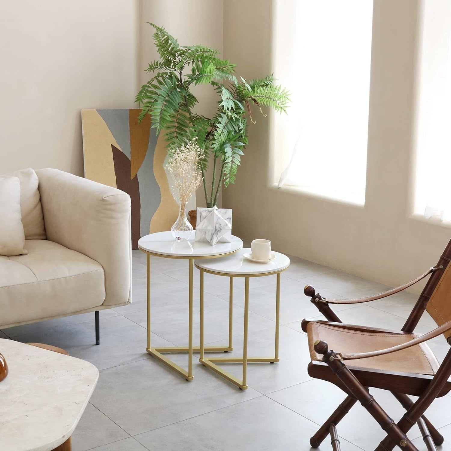 Gold Nesting Side Tables Round Marble Stone Top End Accent Table Set Living Room