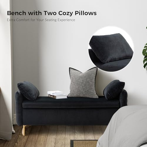Large Storage Ottoman Bench w/ Pillows Modern Upholstered Metal Leg Seat