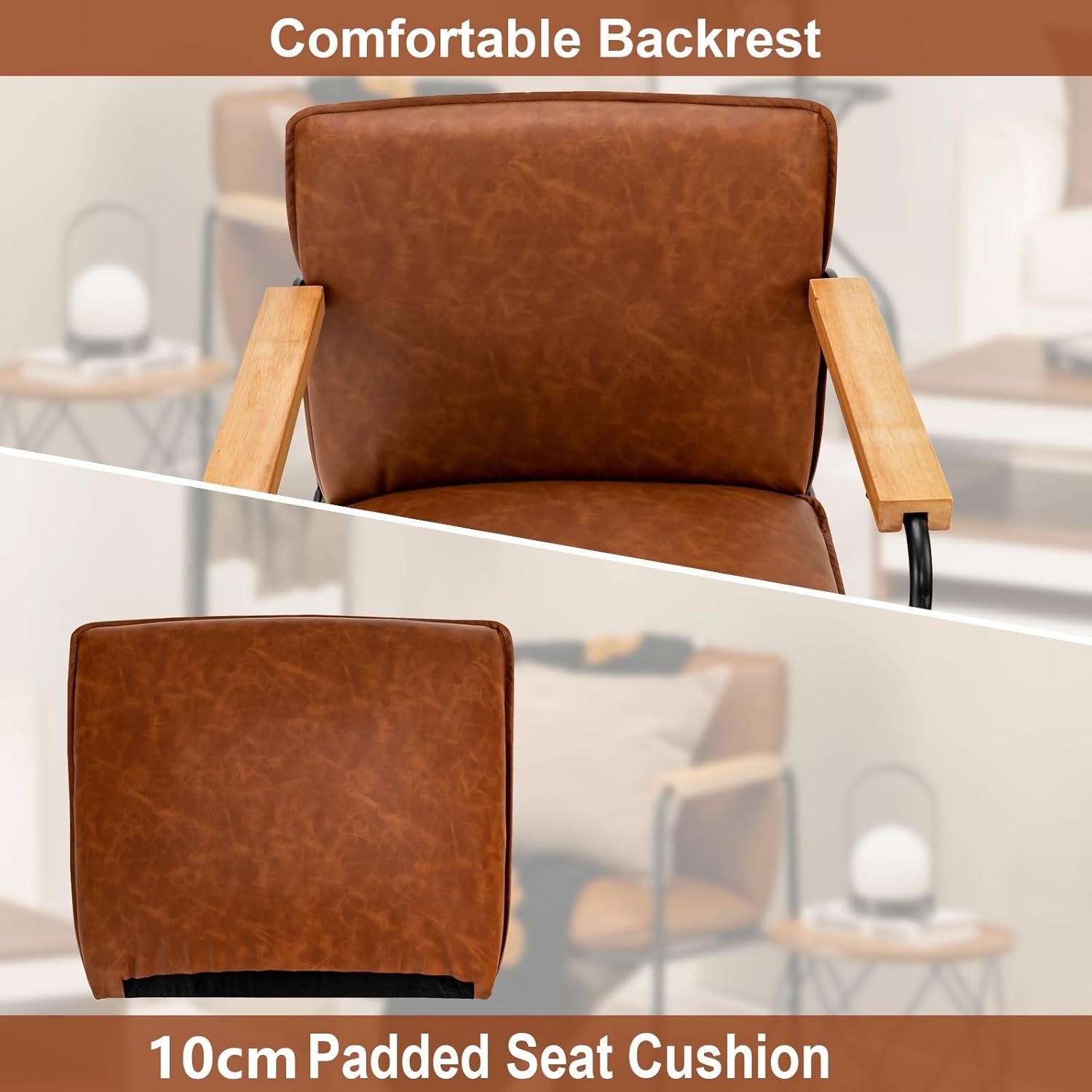 Camel PU Leather Accent Chair Lounge Armchair Wood Arms