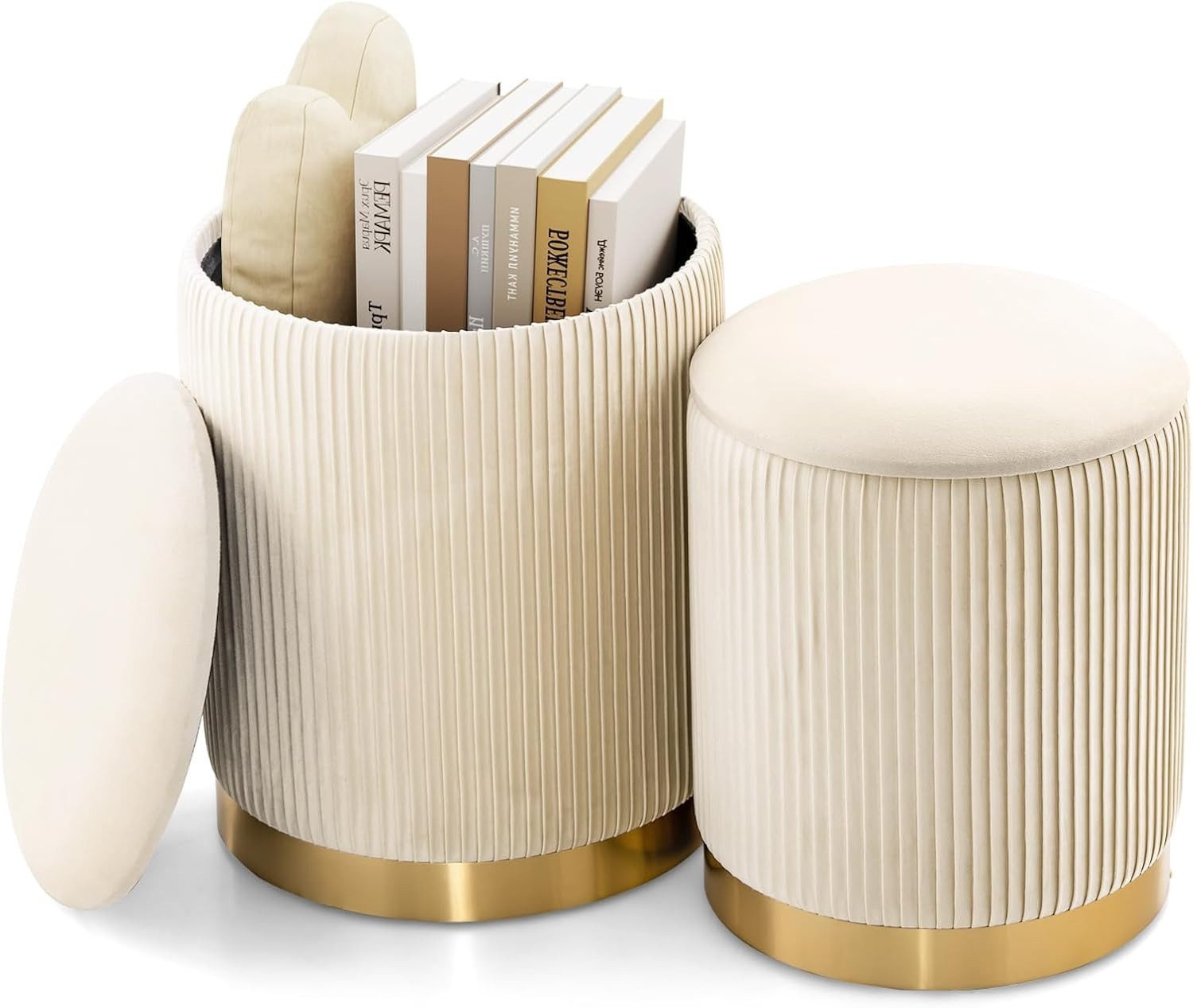 Set of 2 Beige Velvet Nesting Storage Footstools with Gold Trim Round Ottoman