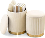 Set of 2 Beige Velvet Nesting Storage Footstools with Gold Trim Round Ottoman