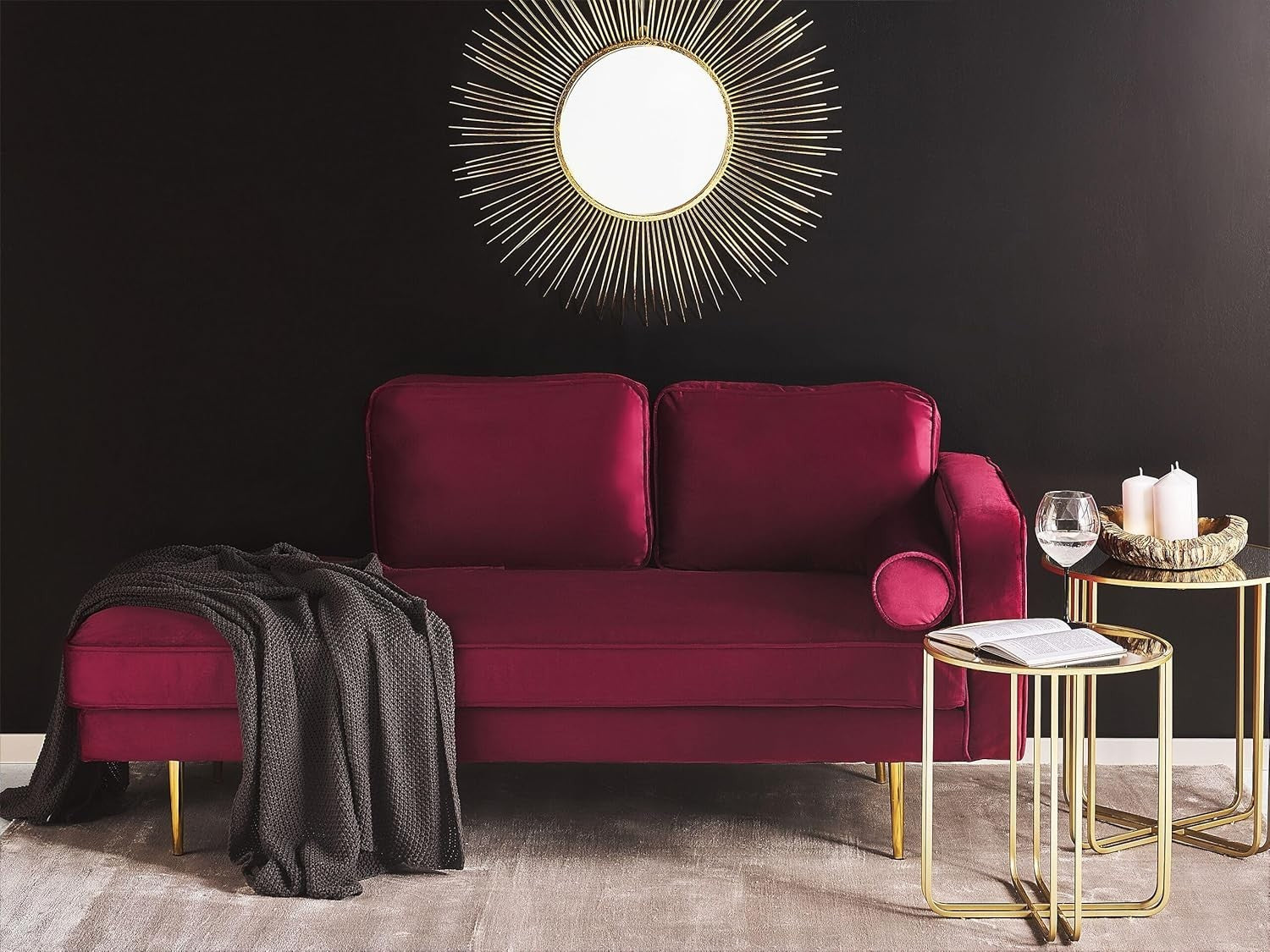 Velvet Chaise Lounge Sofa Red | Glam Gold Legs, Cushions, Compact Design