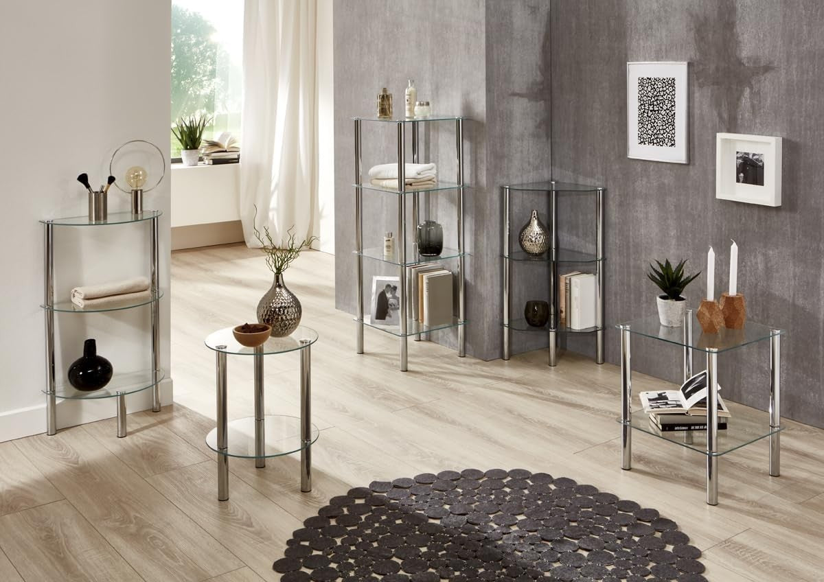 Modern Round Chrome Metal End Table with Tempered Glass Shelf 47x35cm