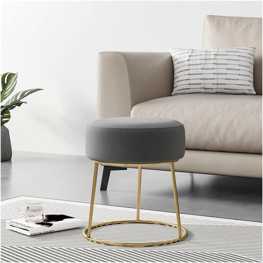 Grey Velvet Round Dressing Table Stool Ottoman Footrest with Metal Base