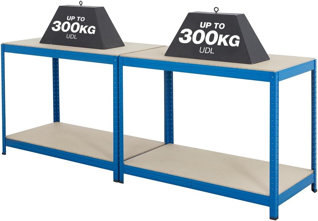 2x Industrial Workbenches 1400mm Wide 300kg Load Each with Adjustable Shelf